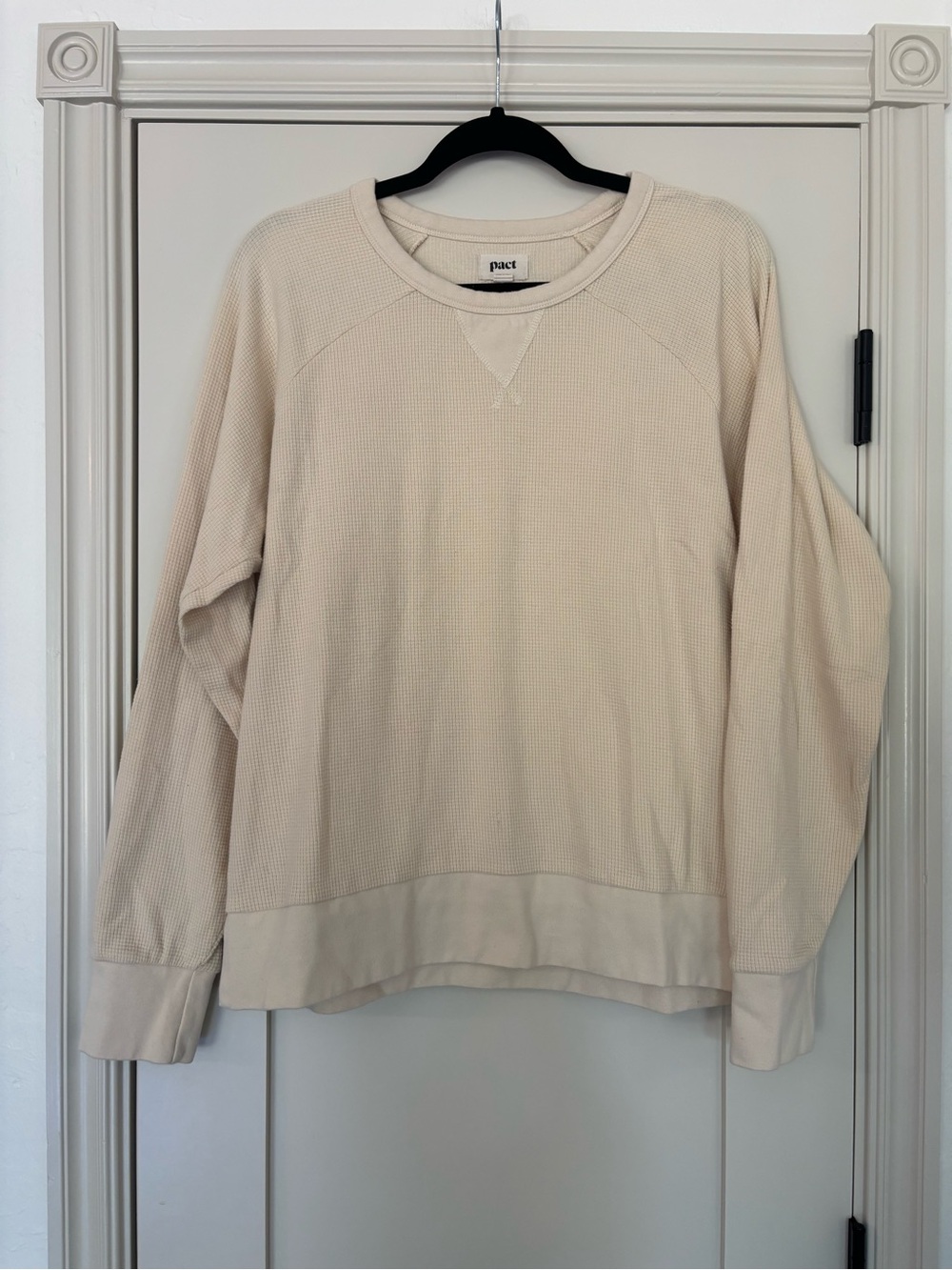 Pact Organic Cotton Cream Waffle Knit Henley Crewneck Top Fall Cozy neutral XL